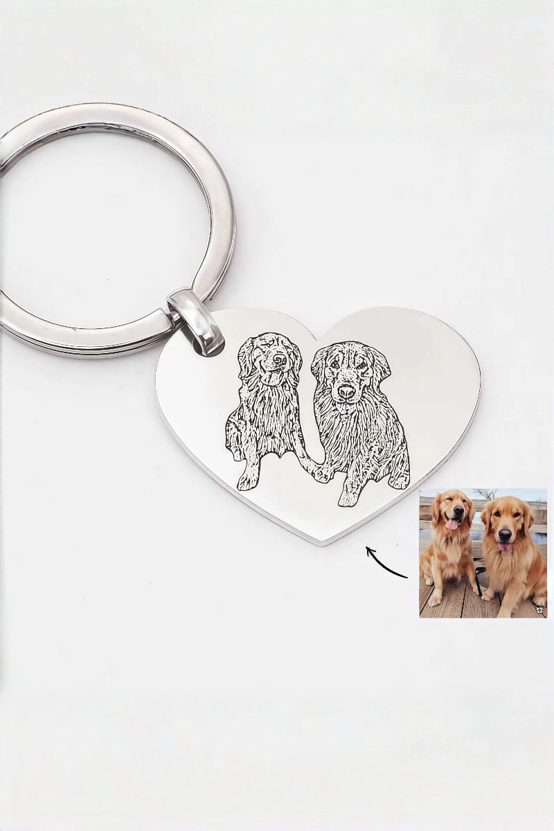 Heart Shape Custom Engraved Pet Portrait Keychain
